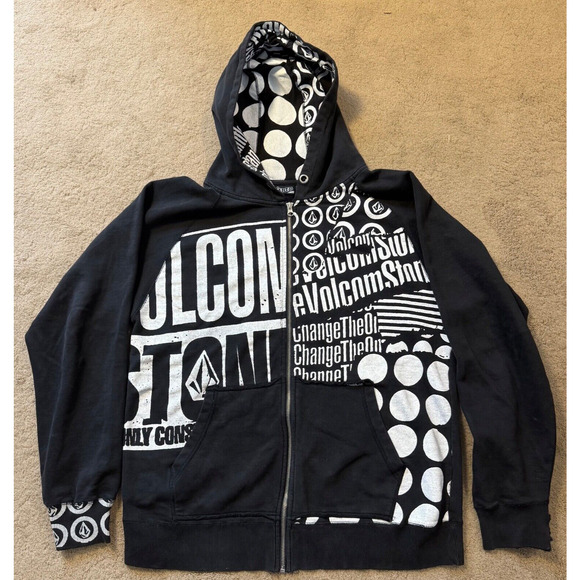 Vintage Volcom Hoodie Zip Up Black White Y2K Punk Skater Grunge Size Large L - Picture 1 of 7